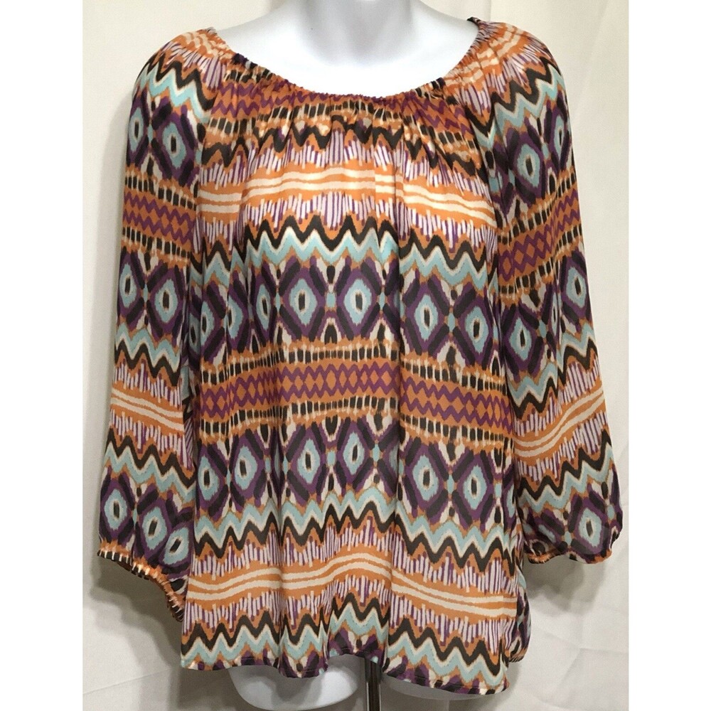 Daisy Fuentes Flowy Top M Orange Purple Geo 3/4 Sleeve Y2K 90s boho hippie